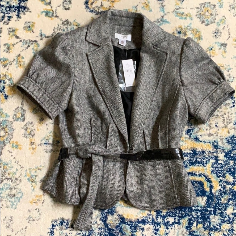 Short sleeve belted tweed herringbone Loft blazer